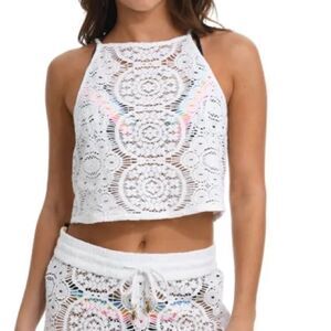 Sunshine 79 Chillin' Crochet High Neck Tank Top - White
